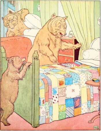 the three bears finding goldilocks in little bear's bed